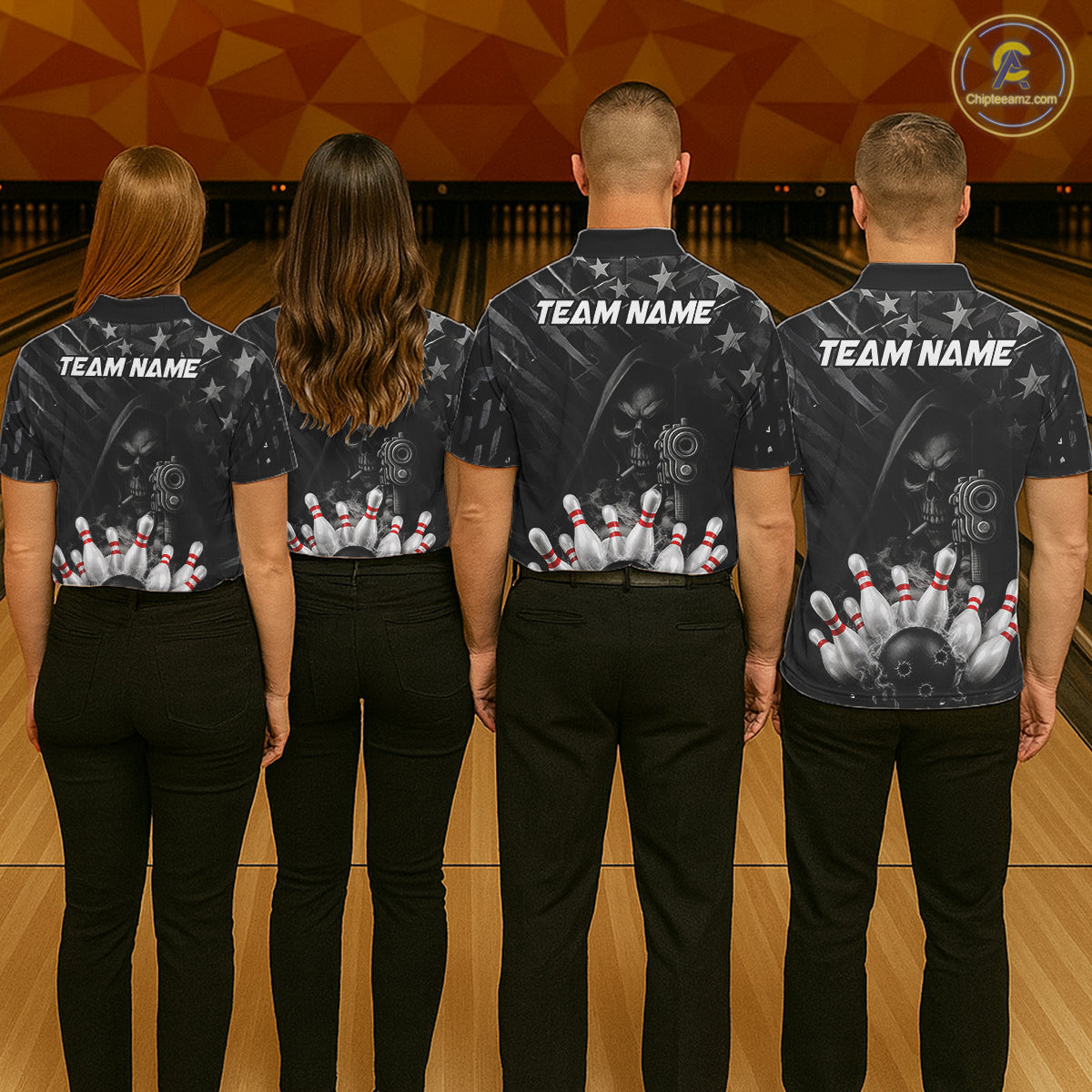 Black US Flag Grim Reaper Smoke Bowling Shirts For Men Custom Bowling Team Jersey Polo & 1/4 Zip TDM7600