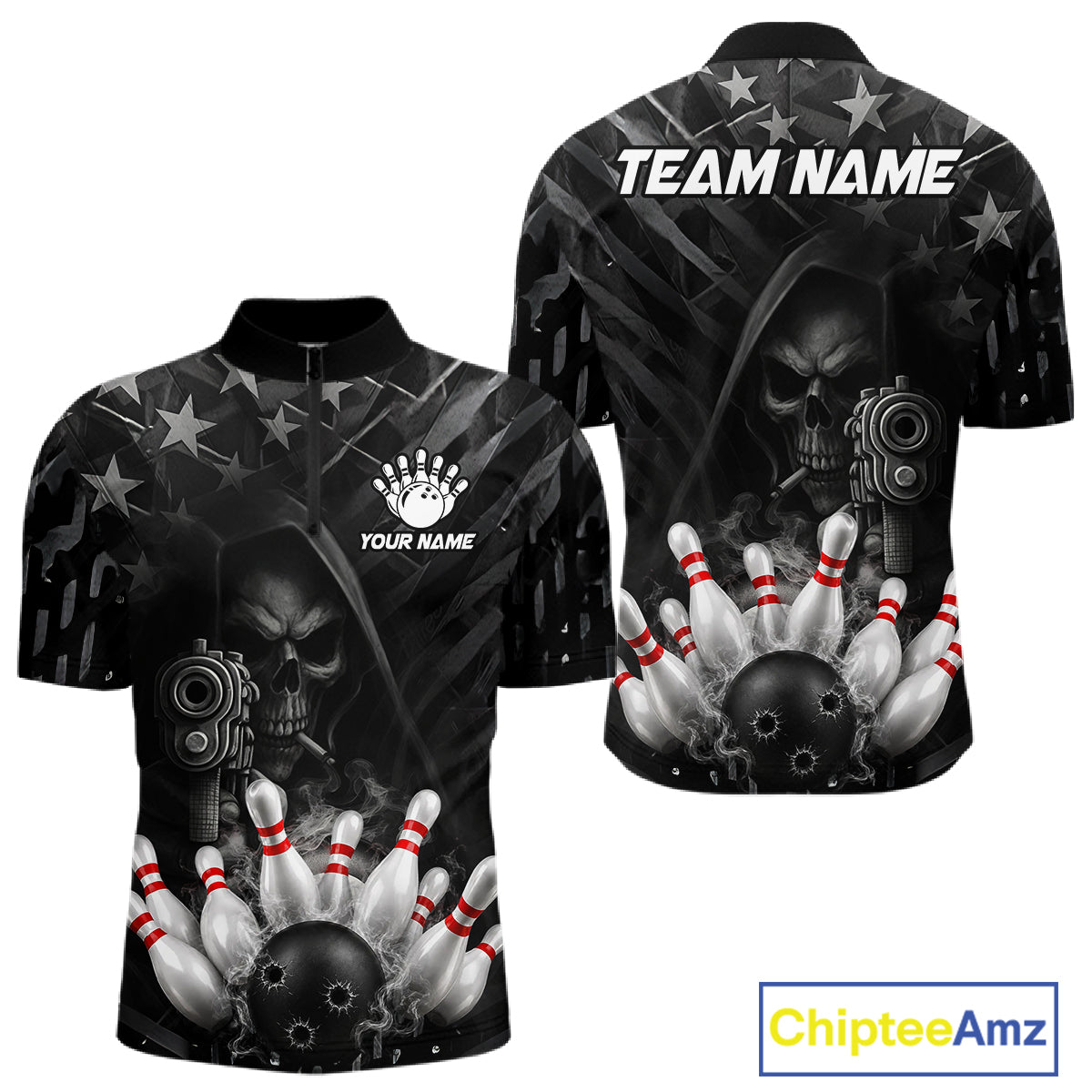 Black US Flag Grim Reaper Smoke Bowling Shirts For Men Custom Bowling Team Jersey Polo & 1/4 Zip TDM7600