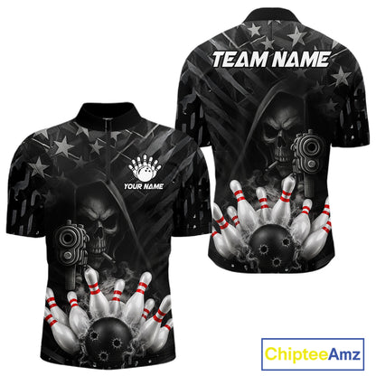 Black US Flag Grim Reaper Smoke Bowling Shirts For Men Custom Bowling Team Jersey Polo & 1/4 Zip TDM7600