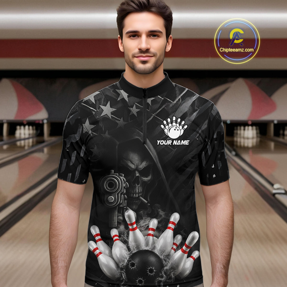 Black US Flag Grim Reaper Smoke Bowling Shirts For Men Custom Bowling Team Jersey Polo & 1/4 Zip TDM7600