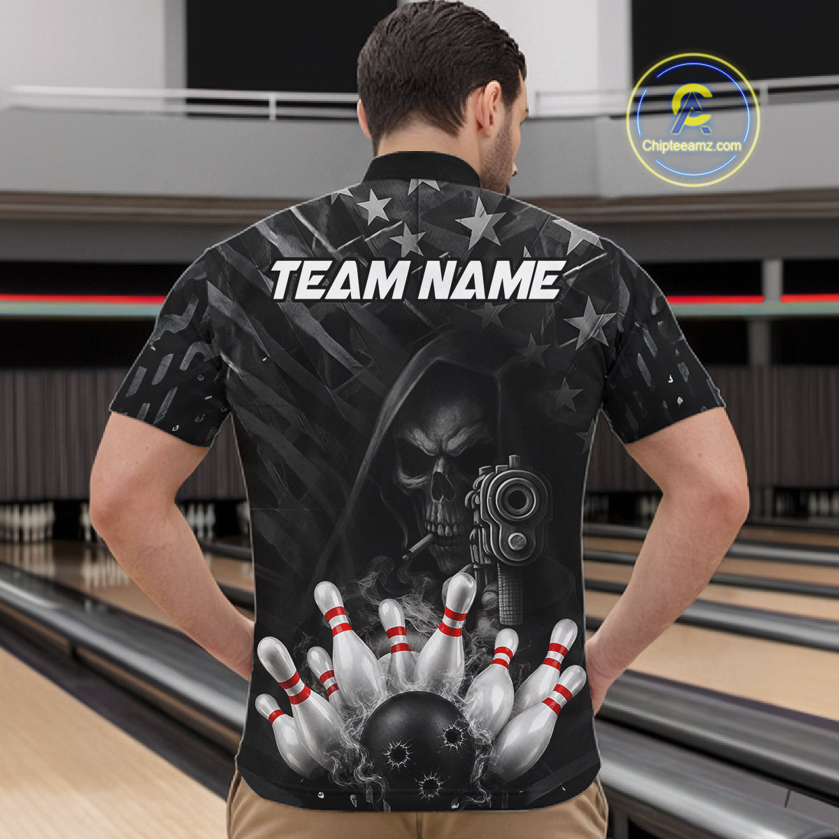 Black US Flag Grim Reaper Smoke Bowling Shirts For Men Custom Bowling Team Jersey Polo & 1/4 Zip TDM7600