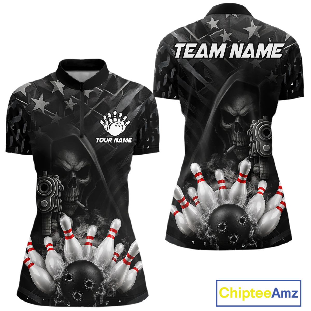 Black US Flag Grim Reaper Smoke Bowling Shirts For Women Custom Bowling Team Jersey Polo & 1/4 Zip TDM7600
