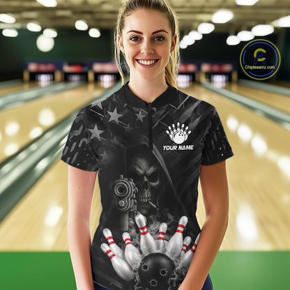 Black US Flag Grim Reaper Smoke Bowling Shirts For Women Custom Bowling Team Jersey Polo & 1/4 Zip TDM7600