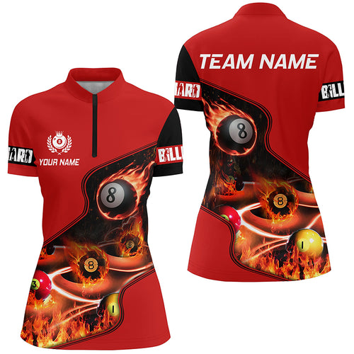 Personalized Billiard Balls Flame 3D Women Quarter-Zip Shirts Custom Jersey Red Pool Player TDM0396
