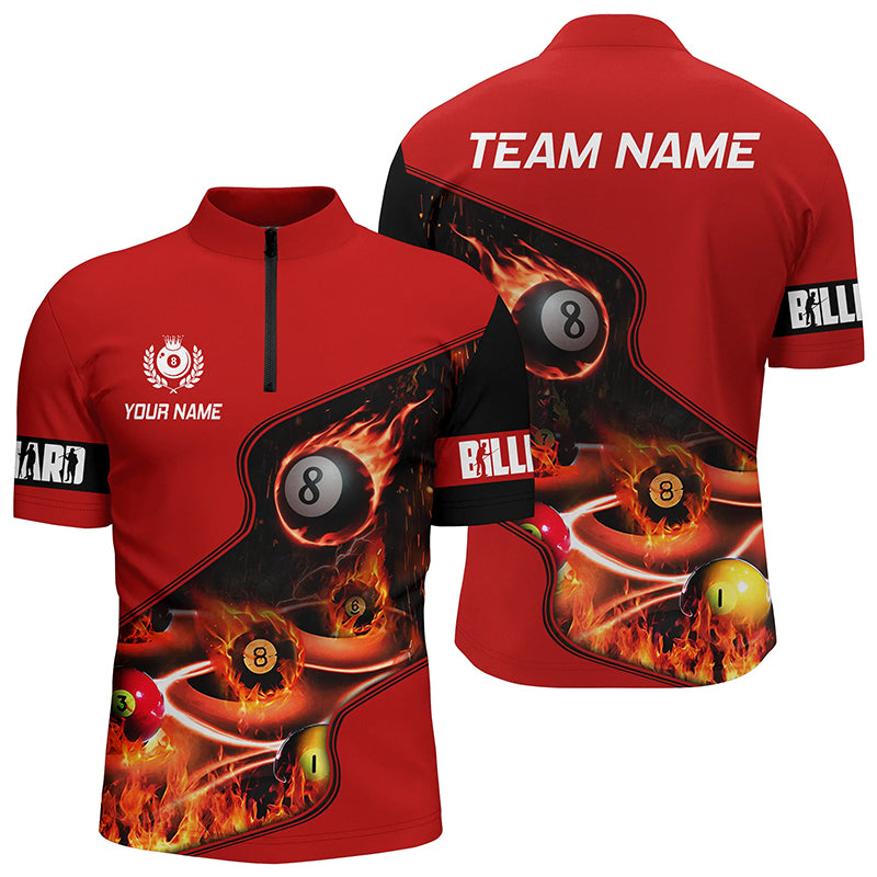 Personalized Billiard Balls Flame 3D Men Quarter-Zip Shirts Custom Jersey Red Pool Player TDM0396