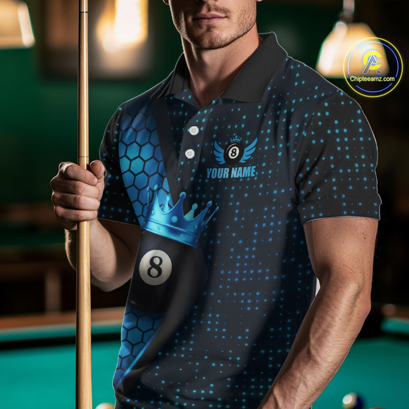 Personalized Blue 8 Ball Pool Crown Hexagon Billiard Shirt For Men, Billiard League Team Jersey TDM5046