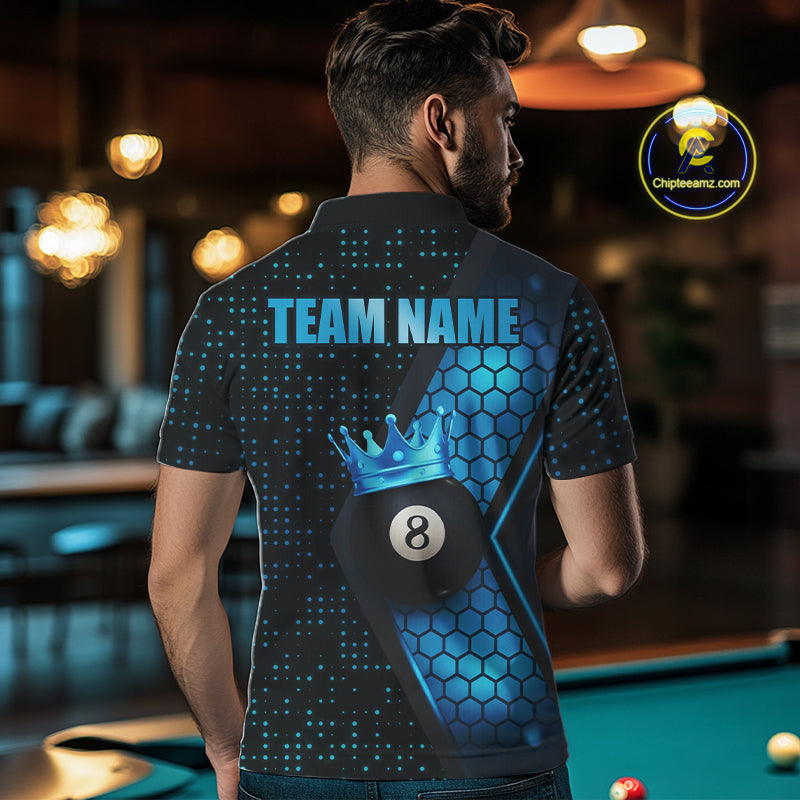 Personalized Blue 8 Ball Pool Crown Hexagon Billiard Shirt For Men, Billiard League Team Jersey TDM5046