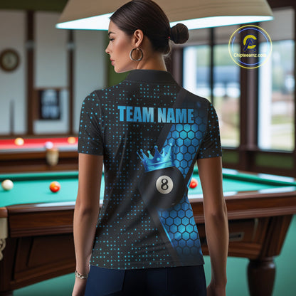 Personalized Blue 8 Ball Pool Crown Hexagon Billiard Shirt For Women, Billiard League Team Jersey TDM5046