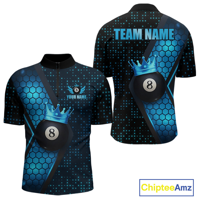 Personalized Blue 8 Ball Pool Crown Hexagon Billiard Shirt For Men, Billiard League Team Jersey TDM5046