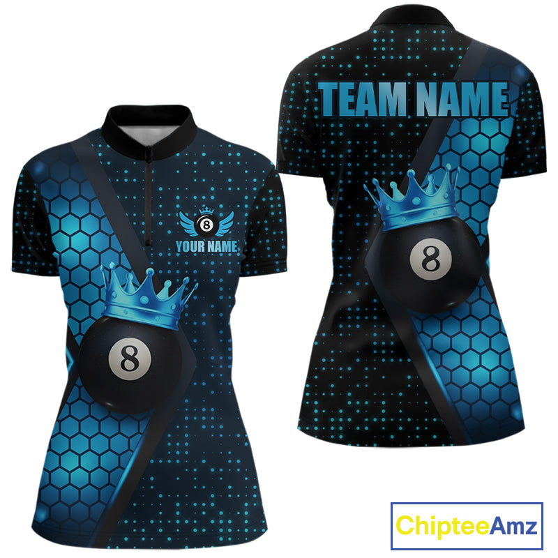 Personalized Blue 8 Ball Pool Crown Hexagon Billiard Shirt For Women, Billiard League Team Jersey TDM5046