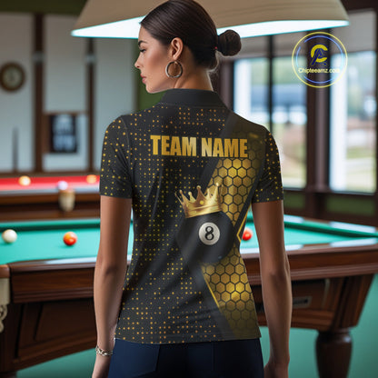 Personalized Gold 8 Ball Pool Crown Hexagon Billiard Shirt For Women, Billiard League Team Jersey TDM5048