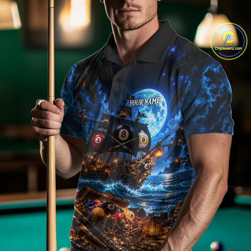 Custom Blue 8 Ball & 9 Ball Pirate Billiard Shirts For Men, Billiard Team Jersey Polo & 1/4 Zip TDM7935