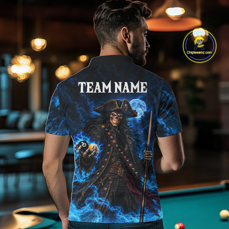 Custom Blue 8 Ball & 9 Ball Pirate Billiard Shirts For Men, Billiard Team Jersey Polo & 1/4 Zip TDM7935
