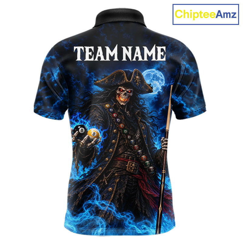 Custom Blue 8 Ball & 9 Ball Pirate Billiard Shirts For Men, Billiard Team Jersey Polo & 1/4 Zip TDM7935