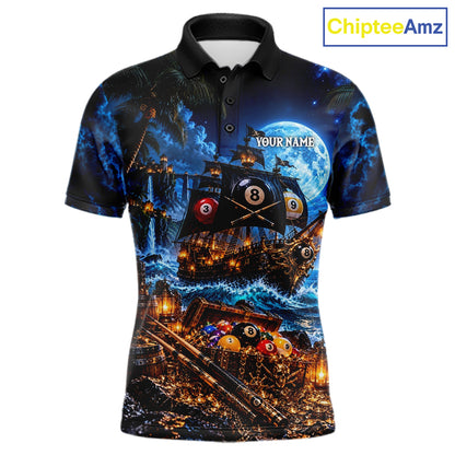 Custom Blue 8 Ball & 9 Ball Pirate Billiard Shirts For Men, Billiard Team Jersey Polo & 1/4 Zip TDM7935