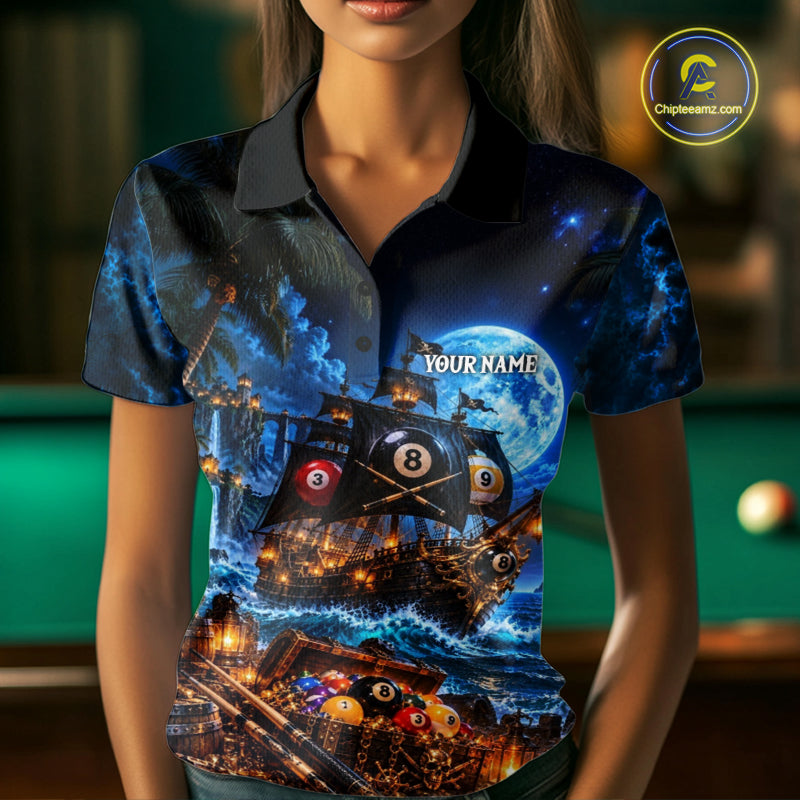 Custom Blue 8 Ball & 9 Ball Pirate Billiard Shirts For Women, Billiard Team Jersey Polo & 1/4 Zip TDM7935