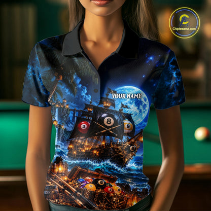 Custom Blue 8 Ball & 9 Ball Pirate Billiard Shirts For Women, Billiard Team Jersey Polo & 1/4 Zip TDM7935