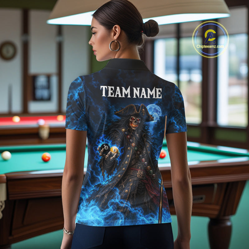 Custom Blue 8 Ball & 9 Ball Pirate Billiard Shirts For Women, Billiard Team Jersey Polo & 1/4 Zip TDM7935