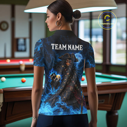 Custom Blue 8 Ball & 9 Ball Pirate Billiard Shirts For Women, Billiard Team Jersey Polo & 1/4 Zip TDM7935