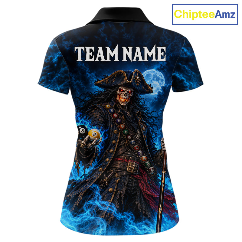 Custom Blue 8 Ball & 9 Ball Pirate Billiard Shirts For Women, Billiard Team Jersey Polo & 1/4 Zip TDM7935