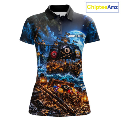 Custom Blue 8 Ball & 9 Ball Pirate Billiard Shirts For Women, Billiard Team Jersey Polo & 1/4 Zip TDM7935