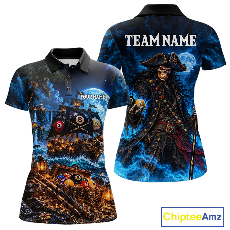 Custom Blue 8 Ball & 9 Ball Pirate Billiard Shirts For Women, Billiard Team Jersey Polo & 1/4 Zip TDM7935