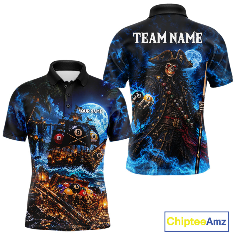 Custom Blue 8 Ball & 9 Ball Pirate Billiard Shirts For Men, Billiard Team Jersey Polo & 1/4 Zip TDM7935