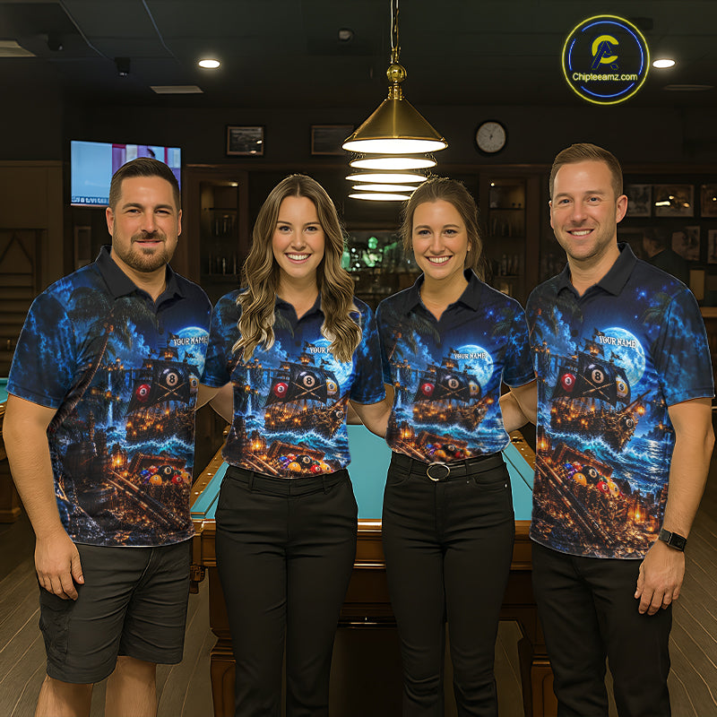 Custom Blue 8 Ball & 9 Ball Pirate Billiard Shirts For Men, Billiard Team Jersey Polo & 1/4 Zip TDM7935