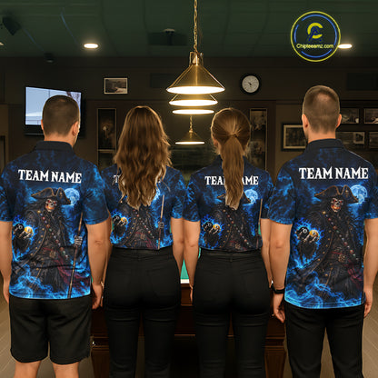 Custom Blue 8 Ball & 9 Ball Pirate Billiard Shirts For Men, Billiard Team Jersey Polo & 1/4 Zip TDM7935