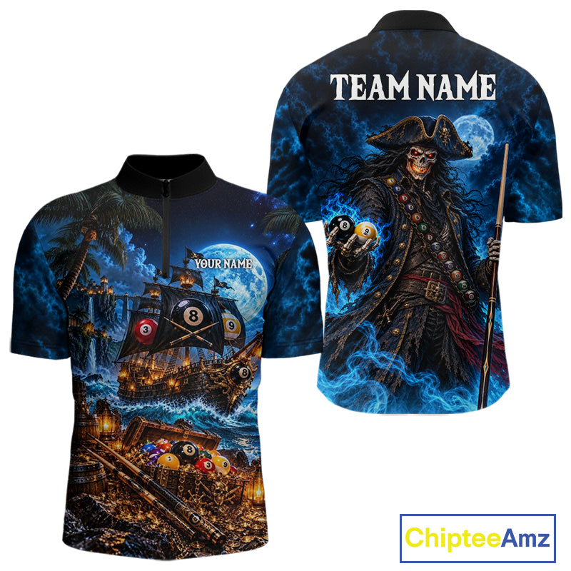 Custom Blue 8 Ball & 9 Ball Pirate Billiard Shirts For Men, Billiard Team Jersey Polo & 1/4 Zip TDM7935