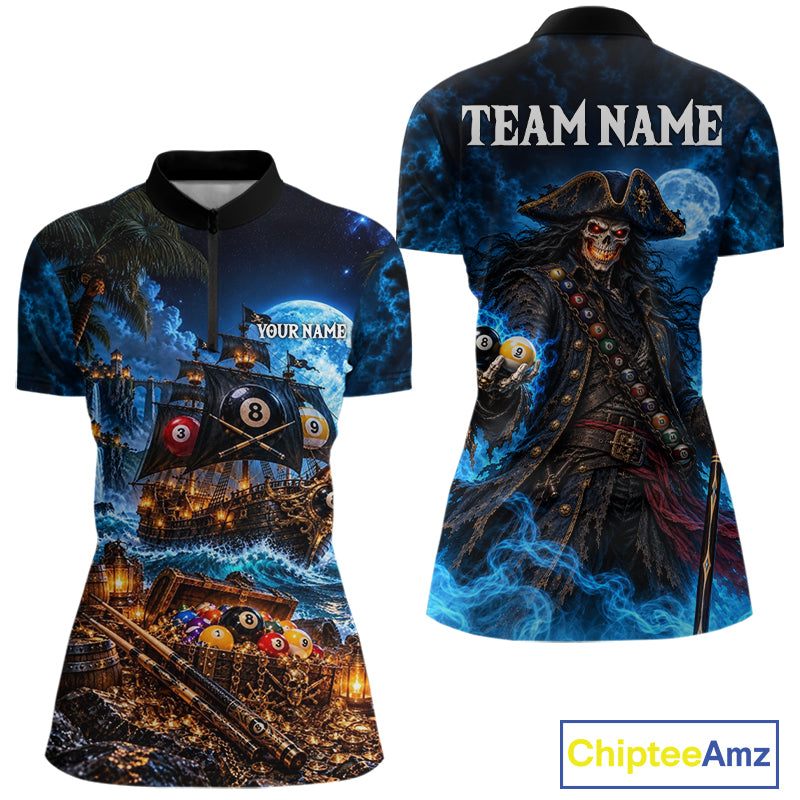 Custom Blue 8 Ball & 9 Ball Pirate Billiard Shirts For Women, Billiard Team Jersey Polo & 1/4 Zip TDM7935