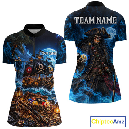 Custom Blue 8 Ball & 9 Ball Pirate Billiard Shirts For Women, Billiard Team Jersey Polo & 1/4 Zip TDM7935