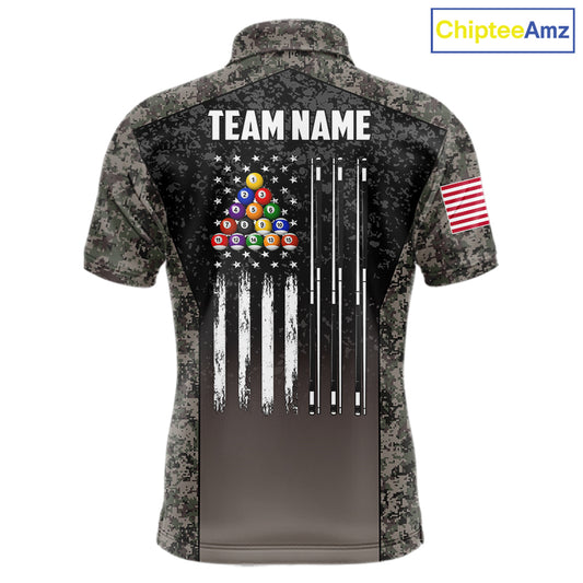 Custom Vintage Camo US Flag 8 Ball Pool Shirt For Men, Patriotic Billiard Jersey Polo & 1/4 Zip TDM7942