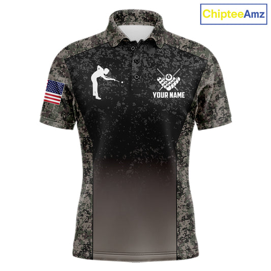 Custom Vintage Camo US Flag 8 Ball Pool Shirt For Men, Patriotic Billiard Jersey Polo & 1/4 Zip TDM7942