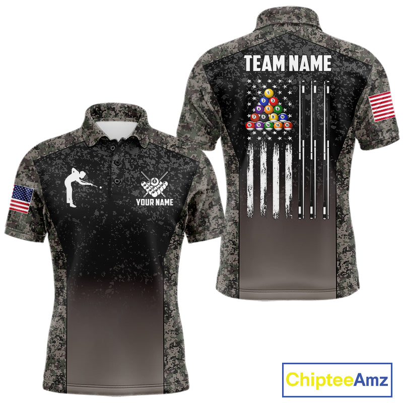 Custom Vintage Camo US Flag 8 Ball Pool Shirt For Men, Patriotic Billiard Jersey Polo & 1/4 Zip TDM7942