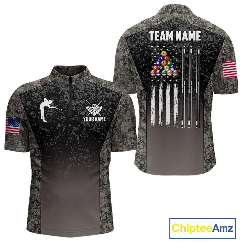 Custom Vintage Camo US Flag 8 Ball Pool Shirt For Men, Patriotic Billiard Jersey Polo & 1/4 Zip TDM7942