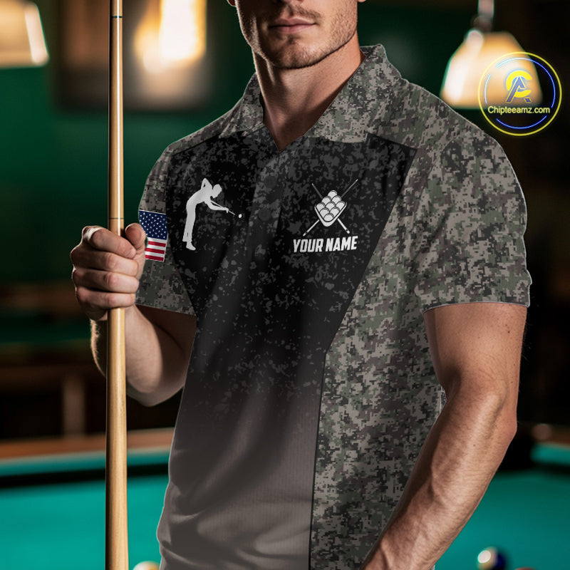 Custom Vintage Camo US Flag 9 Ball Pool Shirt For Men, Patriotic Billiard Jersey Polo & 1/4 Zip TDM7943