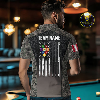 Custom Vintage Camo US Flag 9 Ball Pool Shirt For Men, Patriotic Billiard Jersey Polo & 1/4 Zip TDM7943