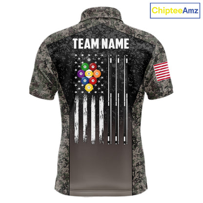 Custom Vintage Camo US Flag 9 Ball Pool Shirt For Men, Patriotic Billiard Jersey Polo & 1/4 Zip TDM7943