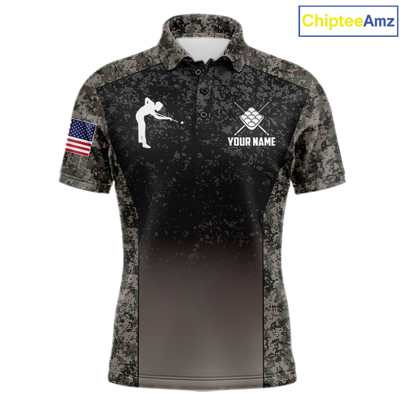 Custom Vintage Camo US Flag 9 Ball Pool Shirt For Men, Patriotic Billiard Jersey Polo & 1/4 Zip TDM7943
