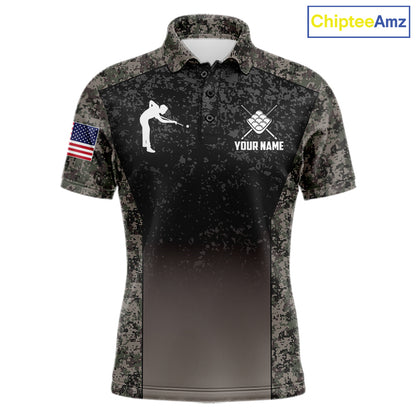 Custom Vintage Camo US Flag 9 Ball Pool Shirt For Men, Patriotic Billiard Jersey Polo & 1/4 Zip TDM7943