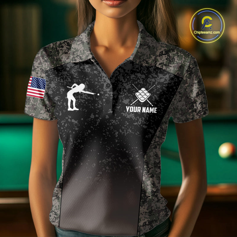 Custom Vintage Camo US Flag 9 Ball Pool Shirt For Women, Patriotic Billiard Jersey Polo & 1/4 Zip TDM7943