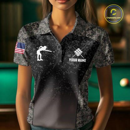 Custom Vintage Camo US Flag 9 Ball Pool Shirt For Women, Patriotic Billiard Jersey Polo & 1/4 Zip TDM7943