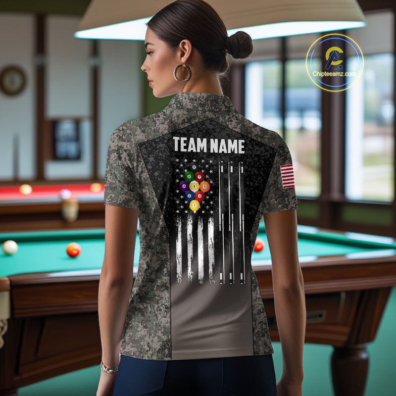 Custom Vintage Camo US Flag 9 Ball Pool Shirt For Women, Patriotic Billiard Jersey Polo & 1/4 Zip TDM7943