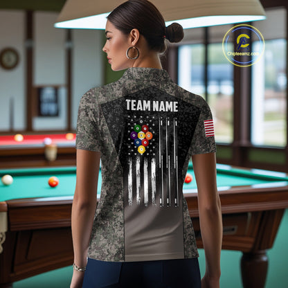 Custom Vintage Camo US Flag 9 Ball Pool Shirt For Women, Patriotic Billiard Jersey Polo & 1/4 Zip TDM7943