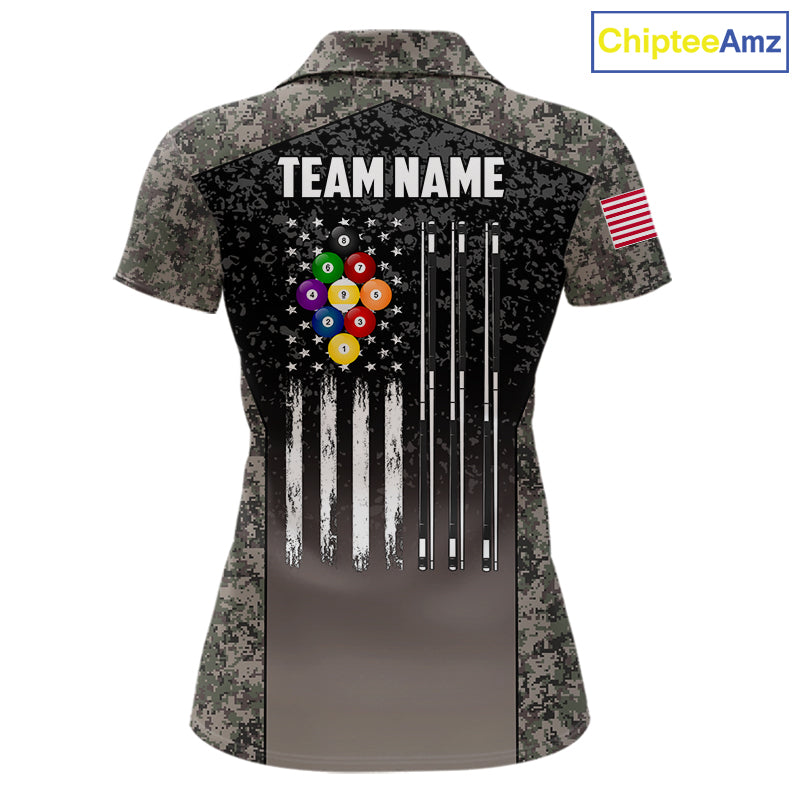 Custom Vintage Camo US Flag 9 Ball Pool Shirt For Women, Patriotic Billiard Jersey Polo & 1/4 Zip TDM7943
