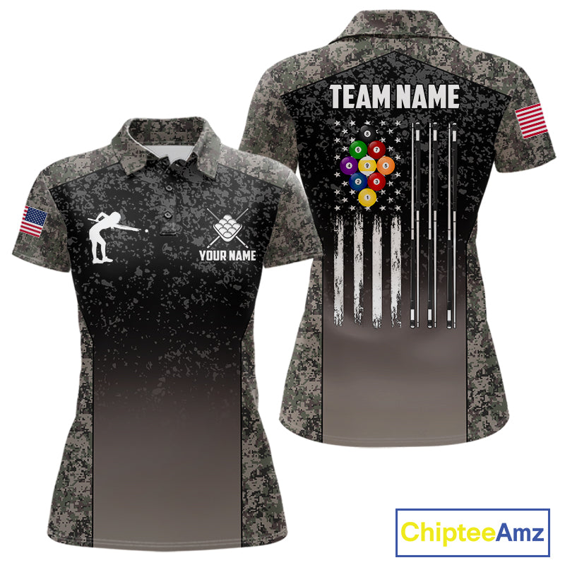Custom Vintage Camo US Flag 9 Ball Pool Shirt For Women, Patriotic Billiard Jersey Polo & 1/4 Zip TDM7943
