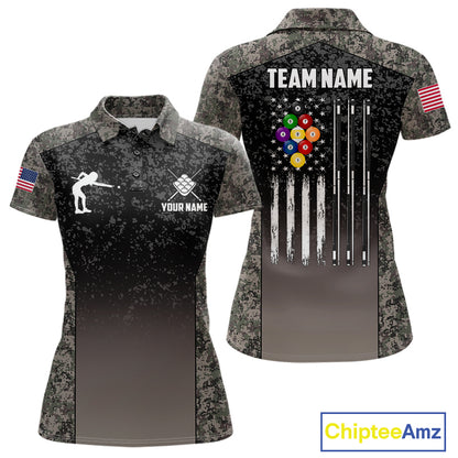 Custom Vintage Camo US Flag 9 Ball Pool Shirt For Women, Patriotic Billiard Jersey Polo & 1/4 Zip TDM7943