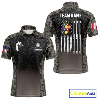 Custom Vintage Camo US Flag 9 Ball Pool Shirt For Men, Patriotic Billiard Jersey Polo & 1/4 Zip TDM7943