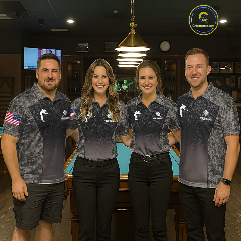 Custom Vintage Camo US Flag 9 Ball Pool Shirt For Men, Patriotic Billiard Jersey Polo & 1/4 Zip TDM7943
